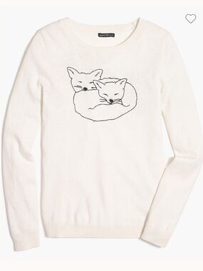 NWT J Crew Snuggling foxes Teddie sweater white merino cotton blend size small